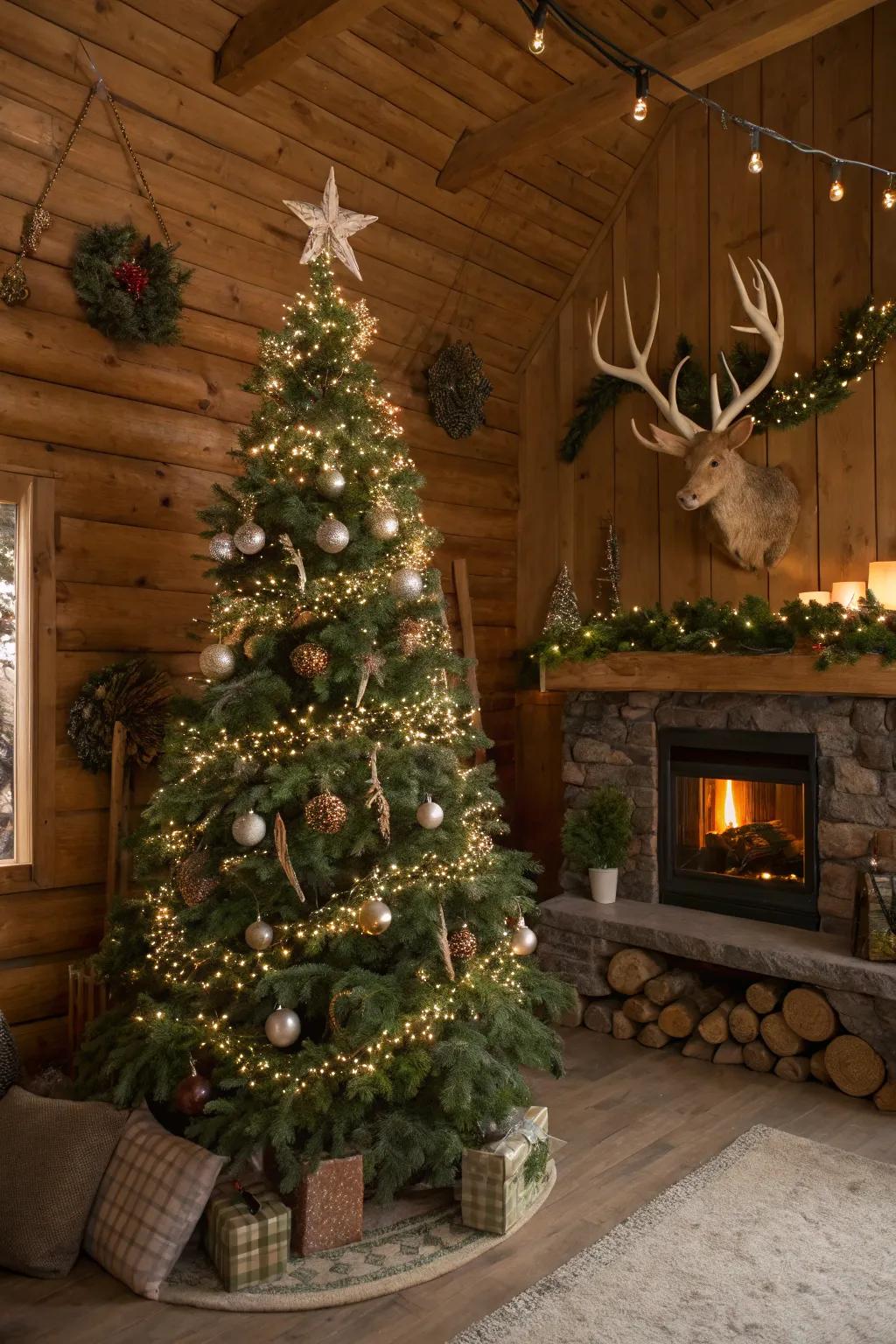 Antlers add a unique, nature-inspired element to the rustic Christmas tree.