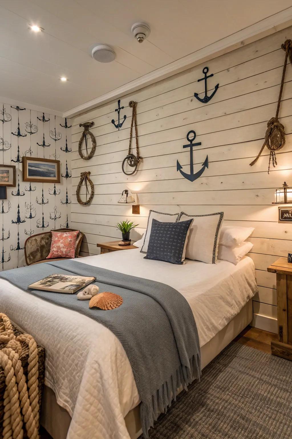 Shiplap wallpaper for a welcoming guest room.