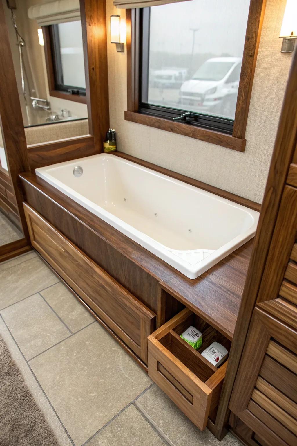 Elevate your RV bathroom with a custom wooden tub frame that combines style and function.