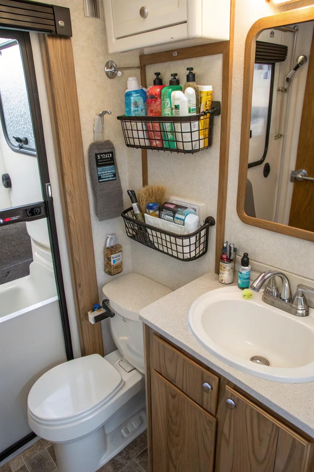 Suction cup baskets keep shower essentials organized.