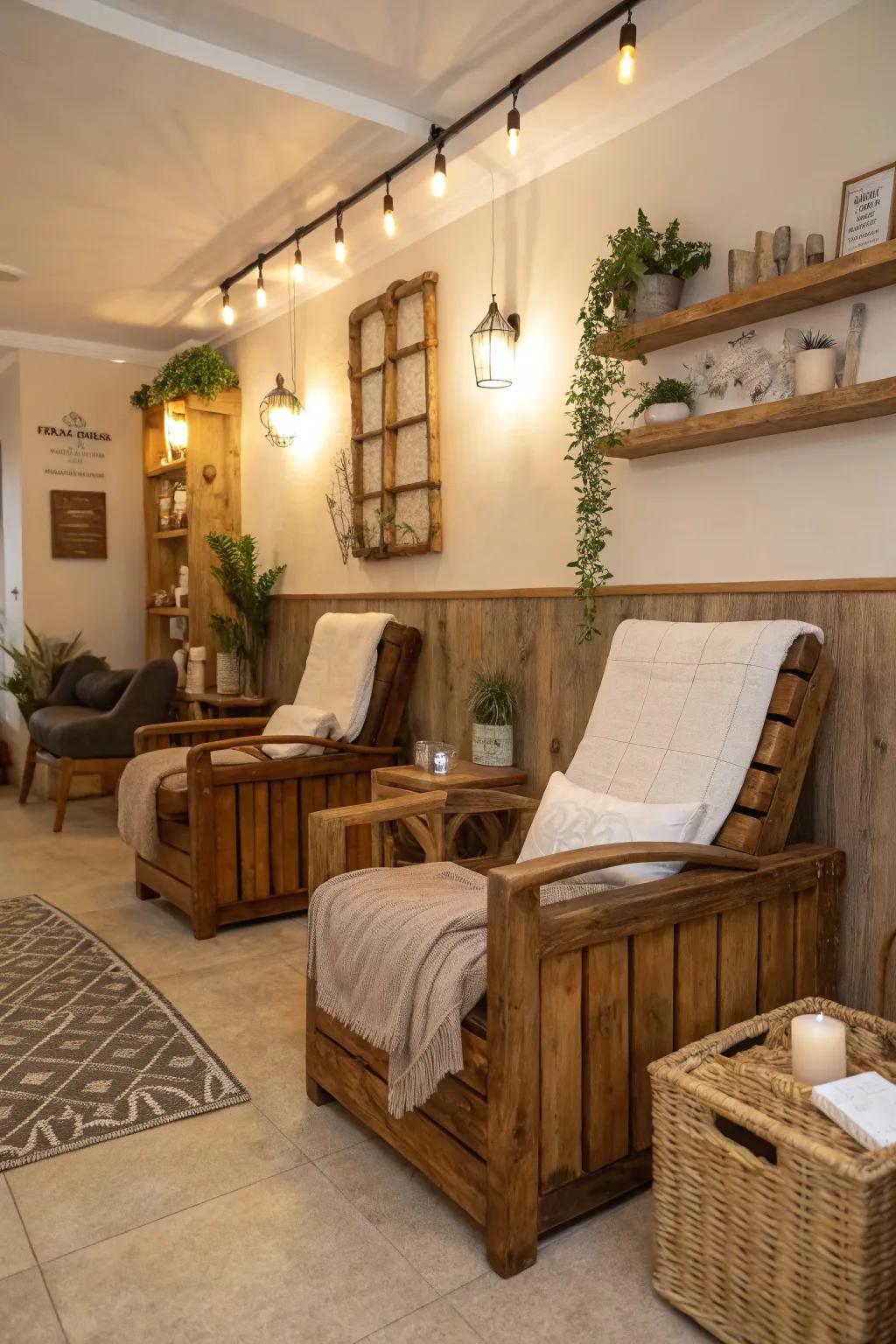 Rustic charm offers a cozy and inviting salon waiting area.