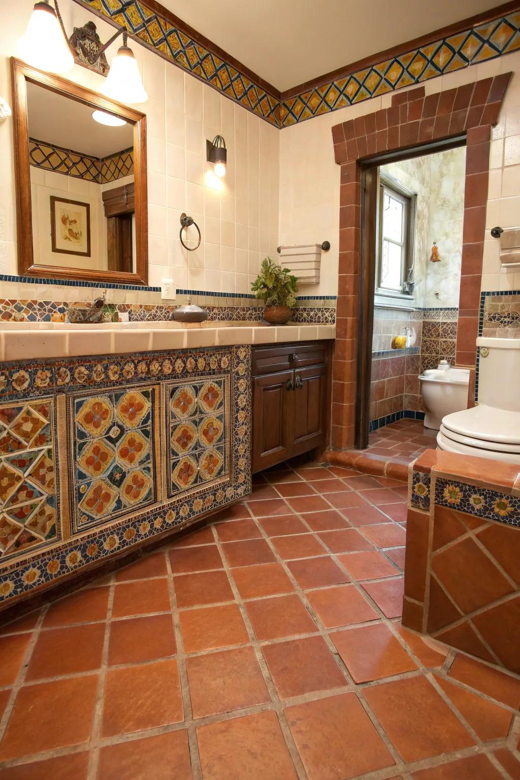 A bathroom with Saltillo tile flooring and colorful mosaic tile accents.