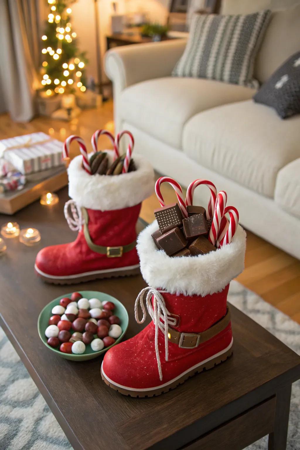 Delight guests with tabletop treats in Santa boots.