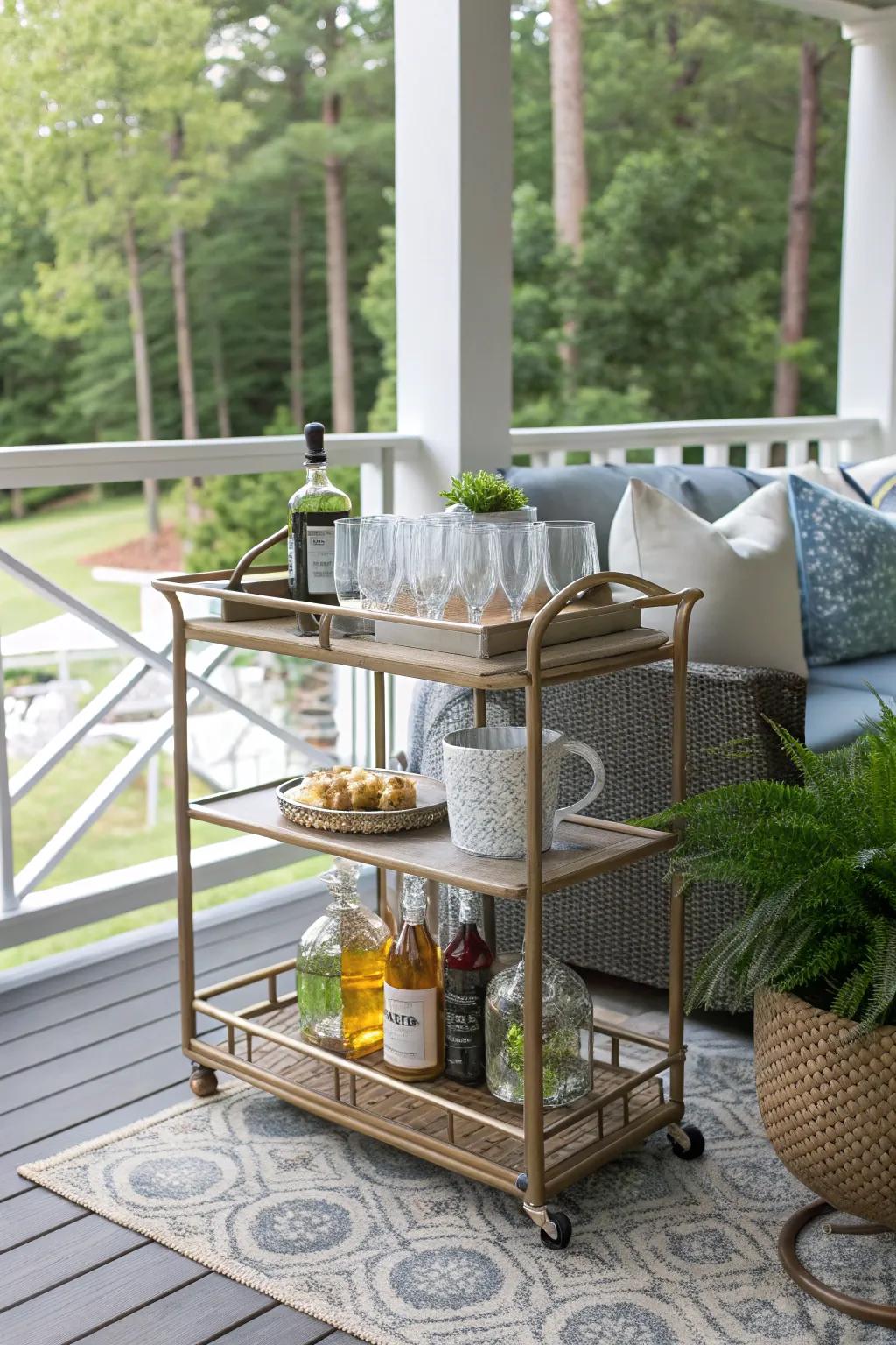 A bar cart is perfect for entertaining on the porch.