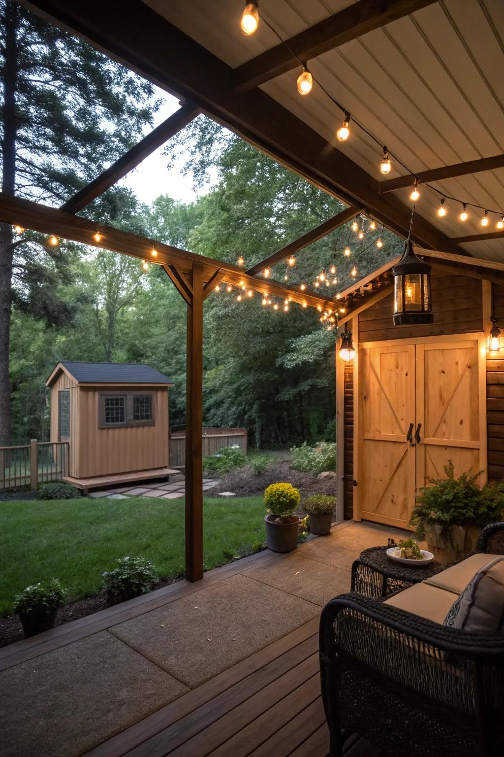 Mood lighting adds a magical touch to your screened porch.