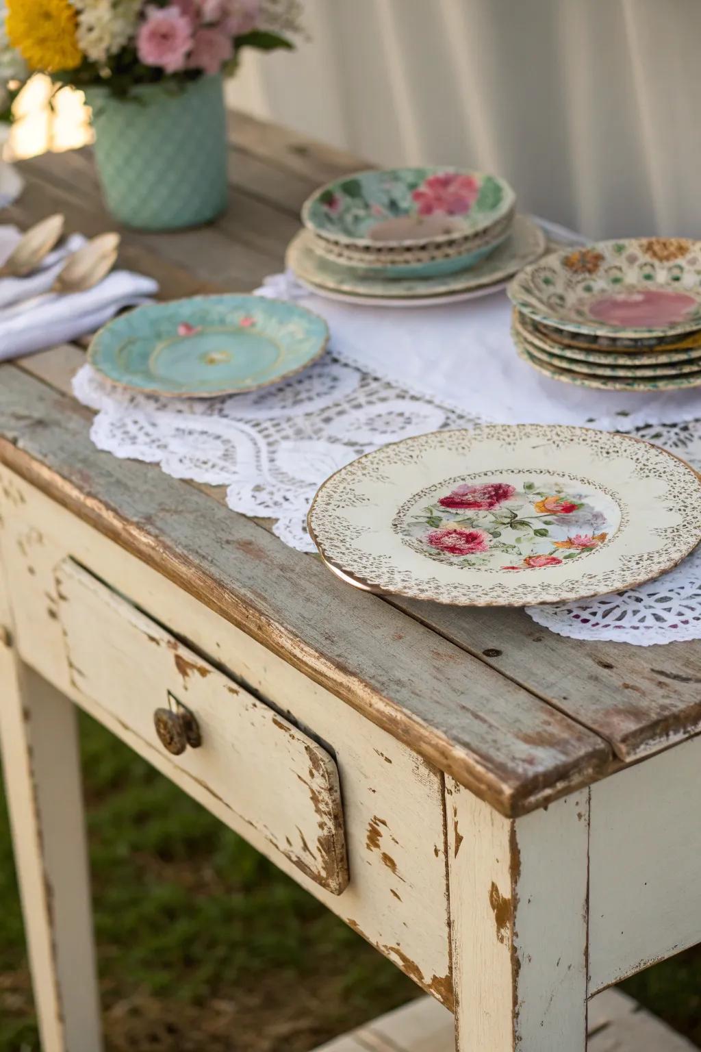 Whimsical accessories add character to a shabby chic side table.