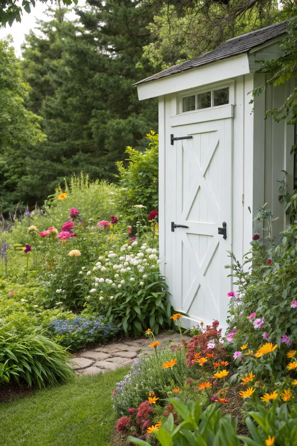 A classic white frame offers a fresh and timeless look for this shed door.