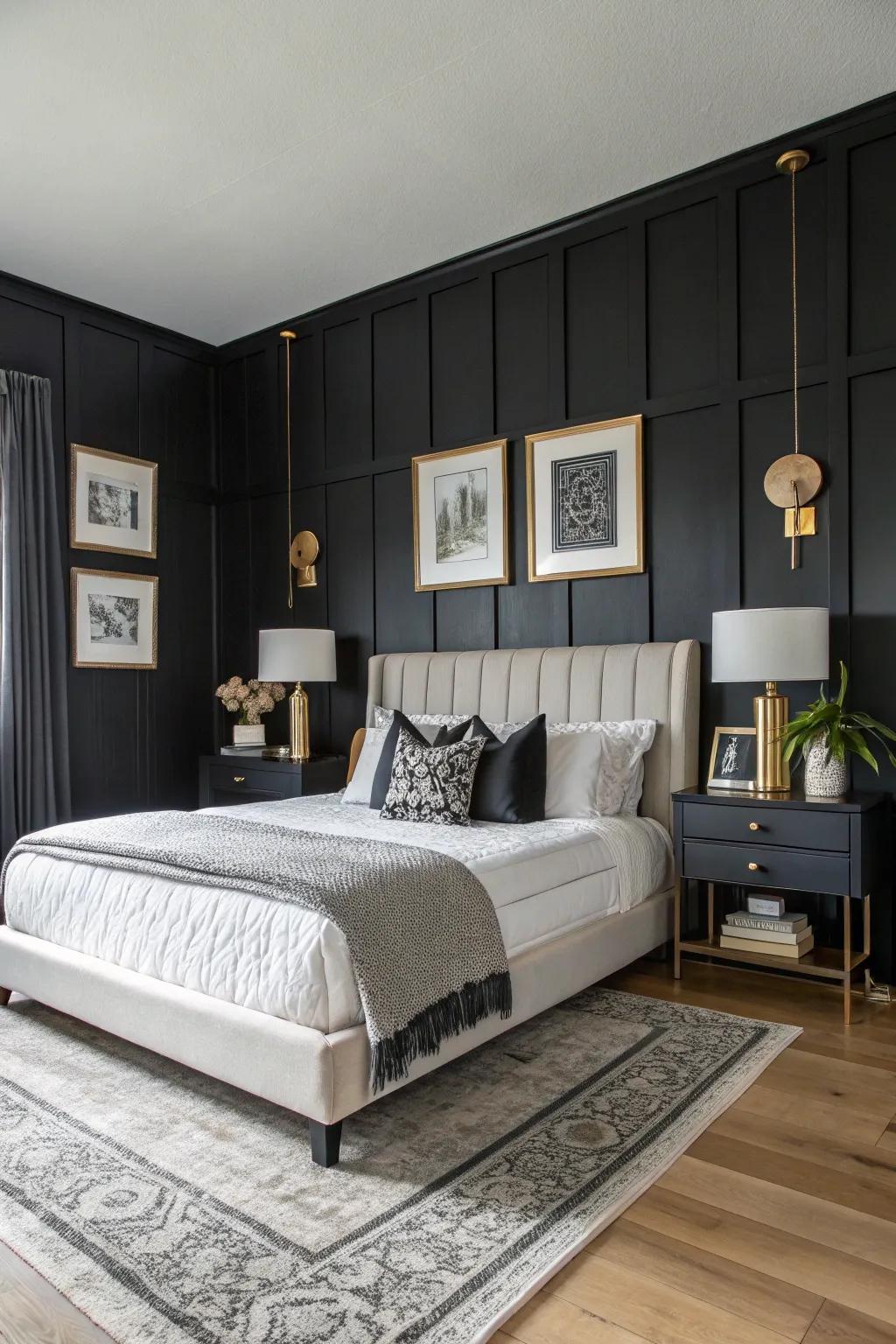 A bold bedroom with a black shiplap wainscoting accent wall.