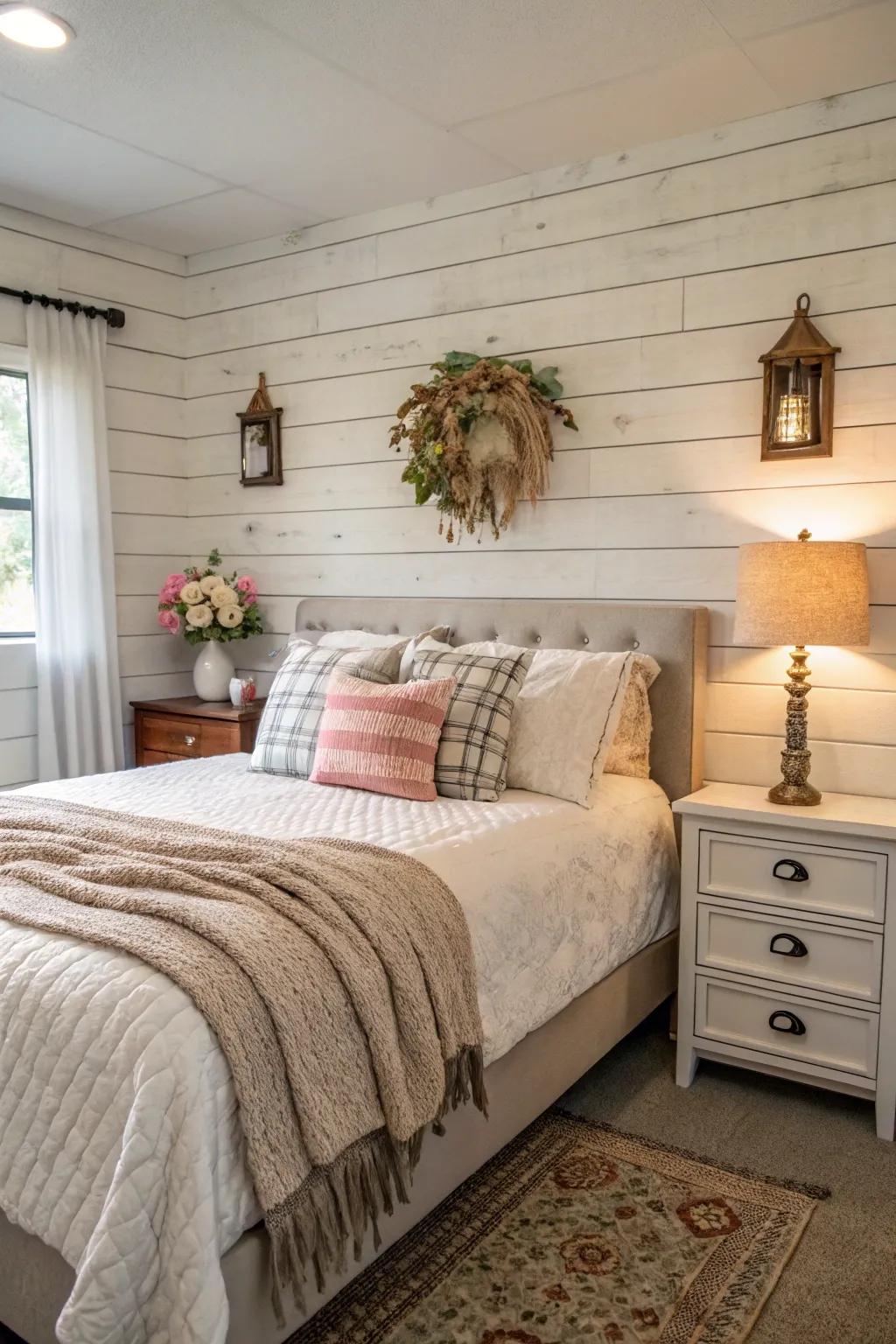 A guest room featuring a faux shiplap wall.