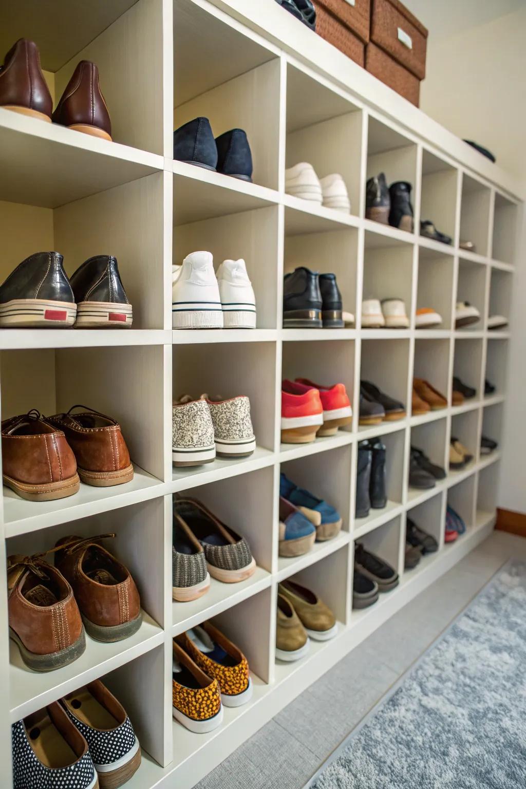 Cubby shelves offer an organized approach to shoe storage.