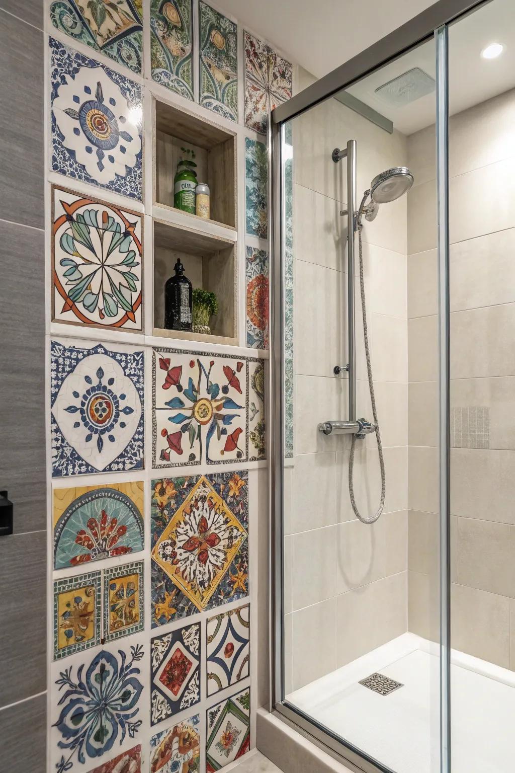 Decorative tiles make shower niches into stunning art pieces.