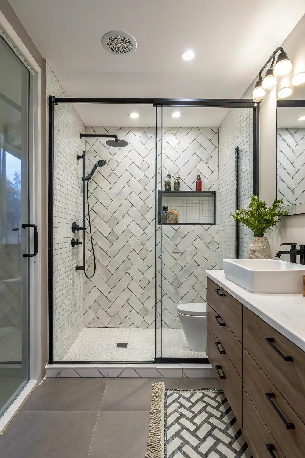 Chevron patterns add dynamic movement and interest to shower borders.