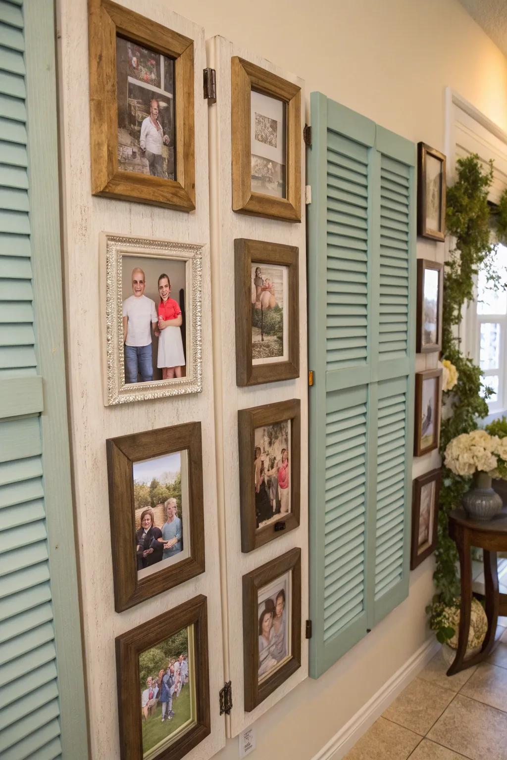 A gallery wall with shutter door picture frames.