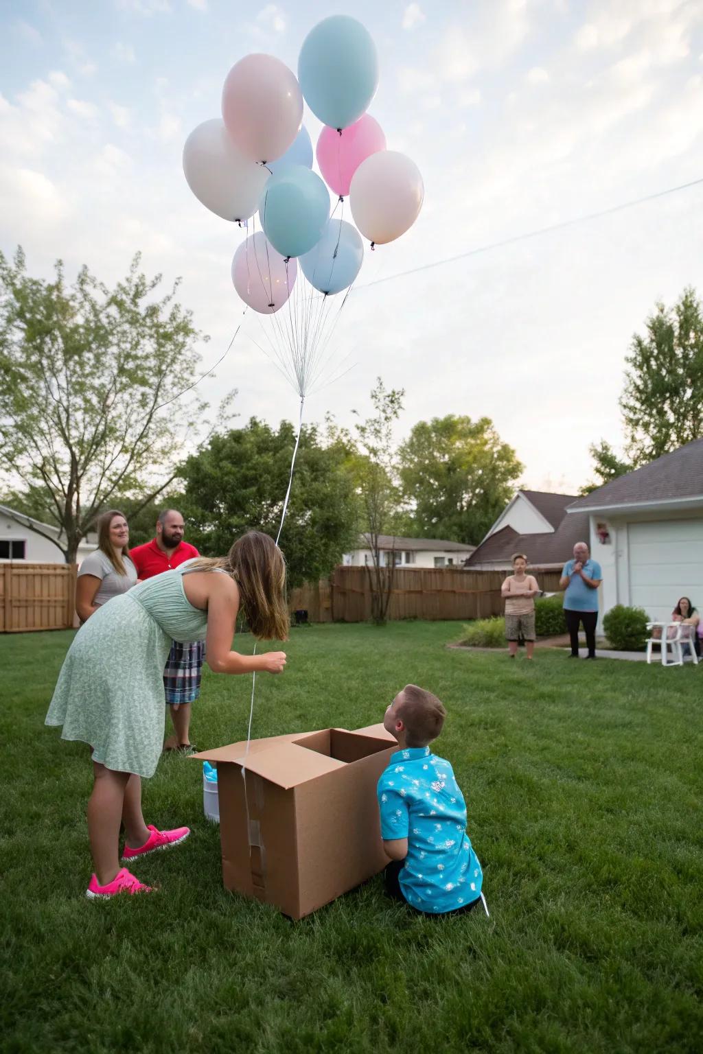 Helium balloons floating upward for a gender reveal.