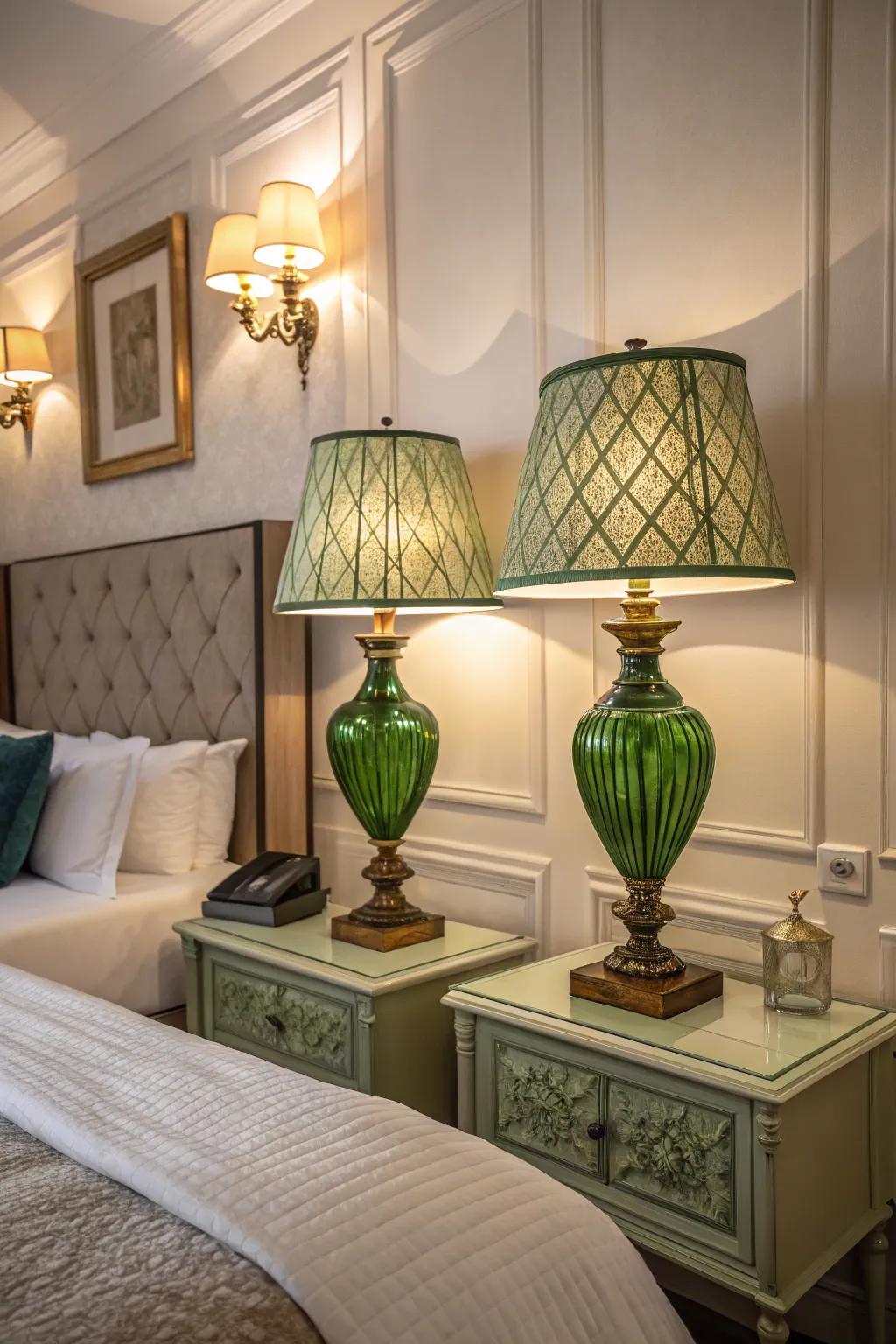 Elegant green lamps add subtle charm to the bedside.