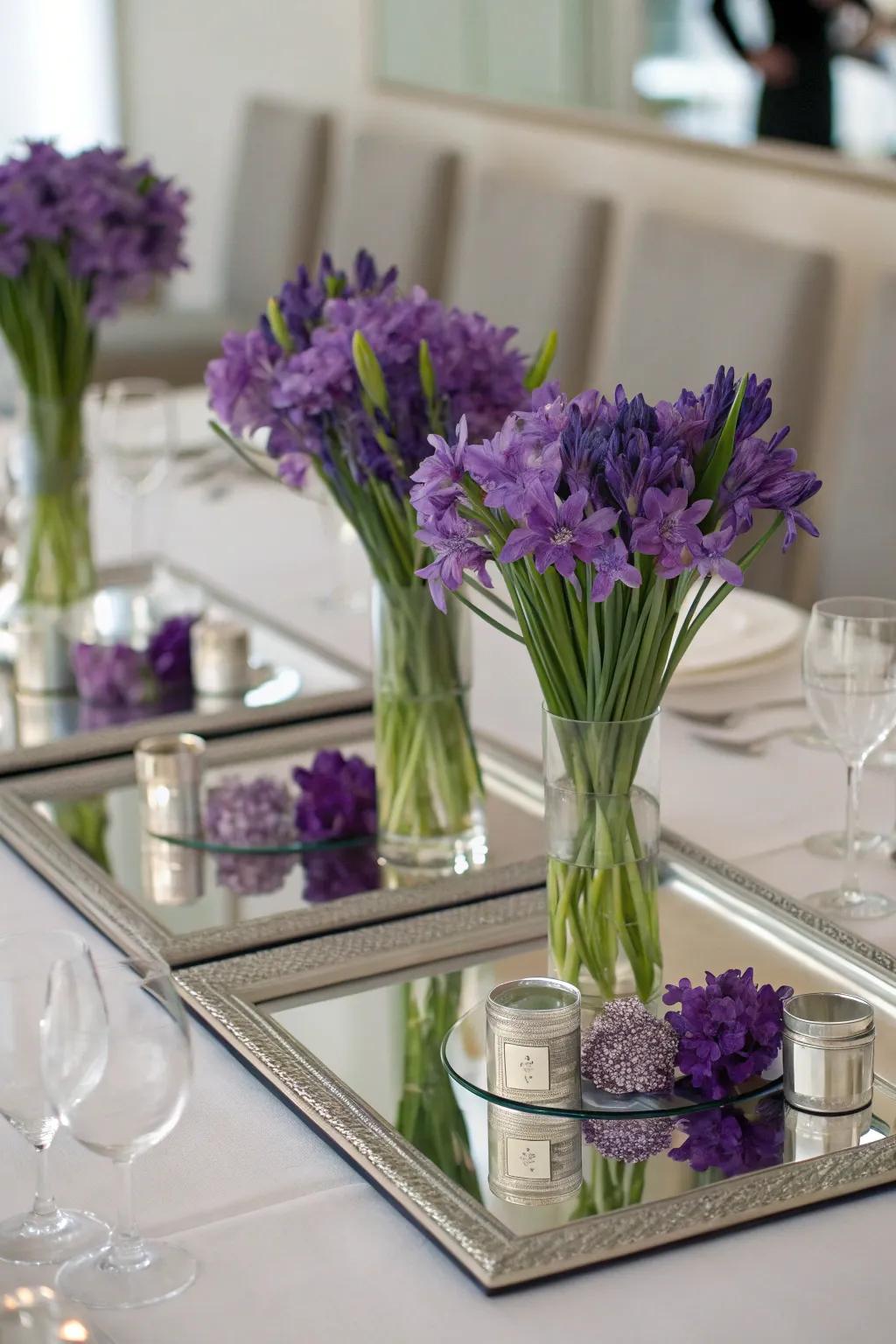 Purple iris display with reflective mirrors for added sparkle.