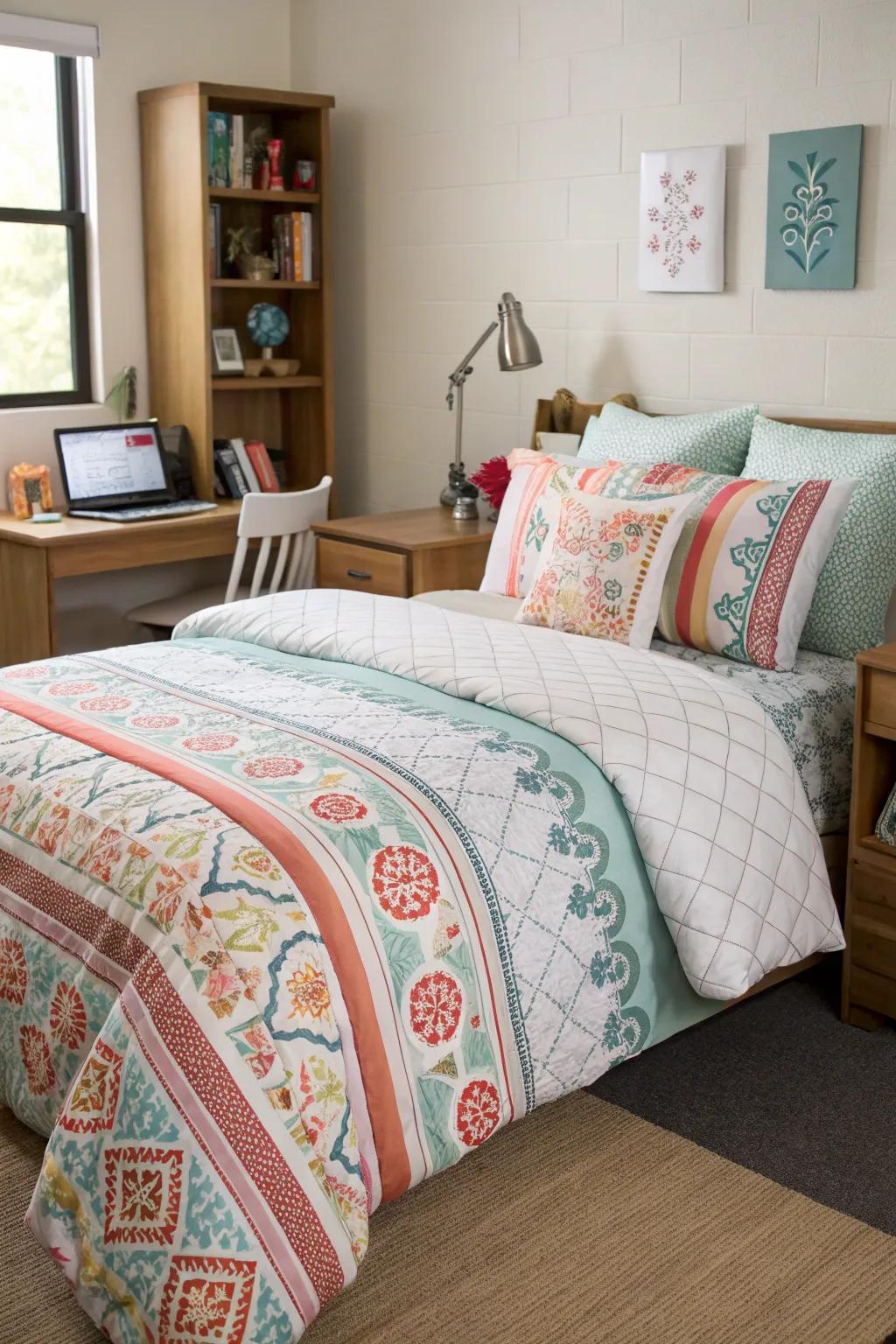 Comfortable bedding enhances the coziness of a dorm room, ensuring restful nights.