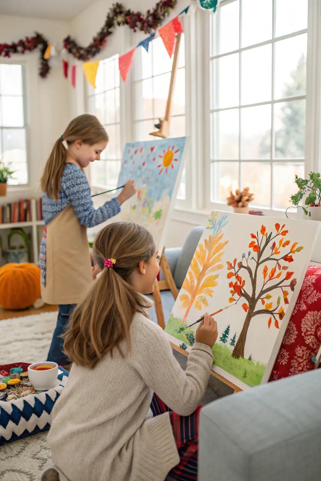 Children painting scenes that reflect the changing seasons