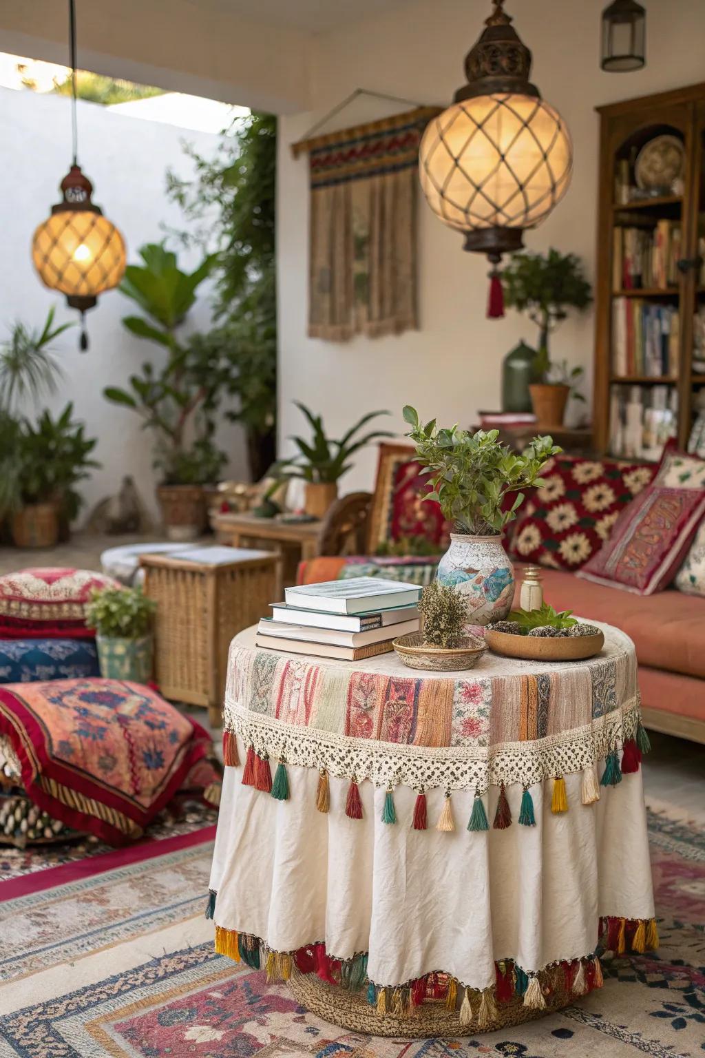 A skirted side table with tassels, enhancing the bohemian feel of a vibrant living space.