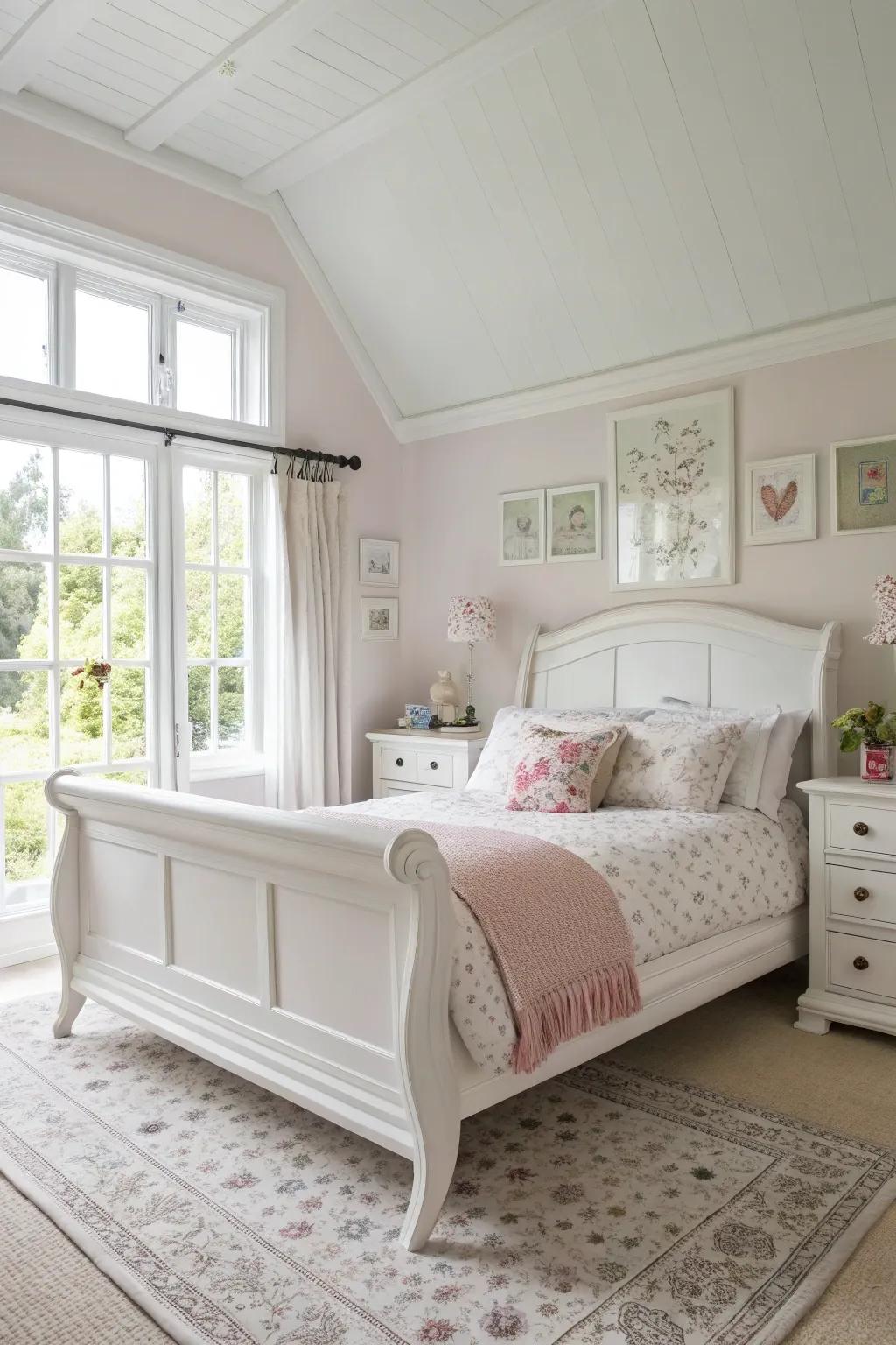 White paint transforms this sleigh bed into a fresh and inviting centerpiece.