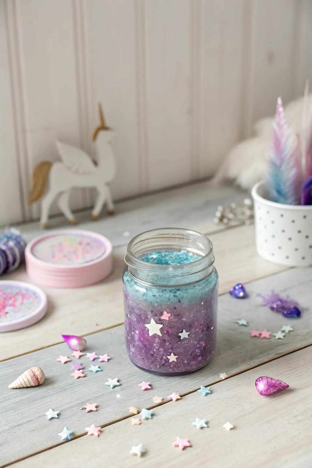 Dive into creativity with a galaxy-themed slime station that blends Scandinavian minimalism with a touch of boho magic.
