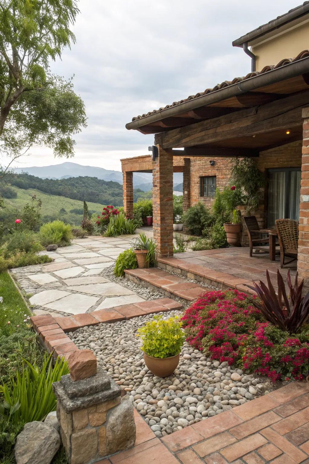 Mixing materials adds texture and personality to this eclectic patio design.