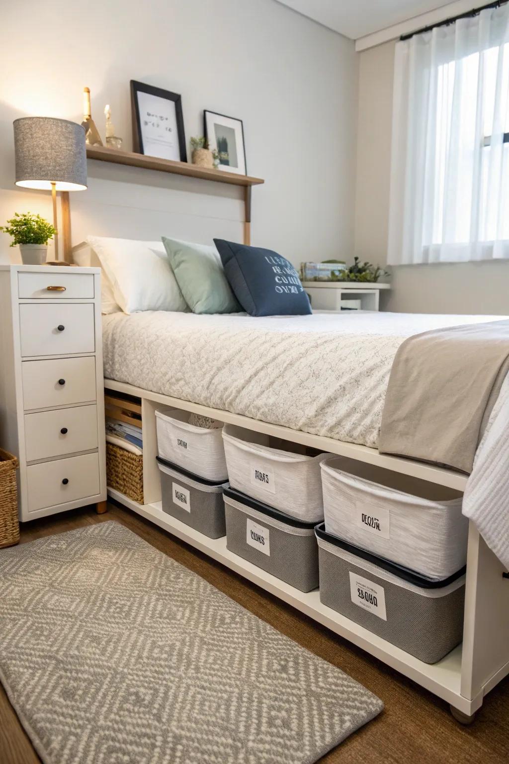 Under-bed storage is an efficient way to maximize space in a small bedroom.