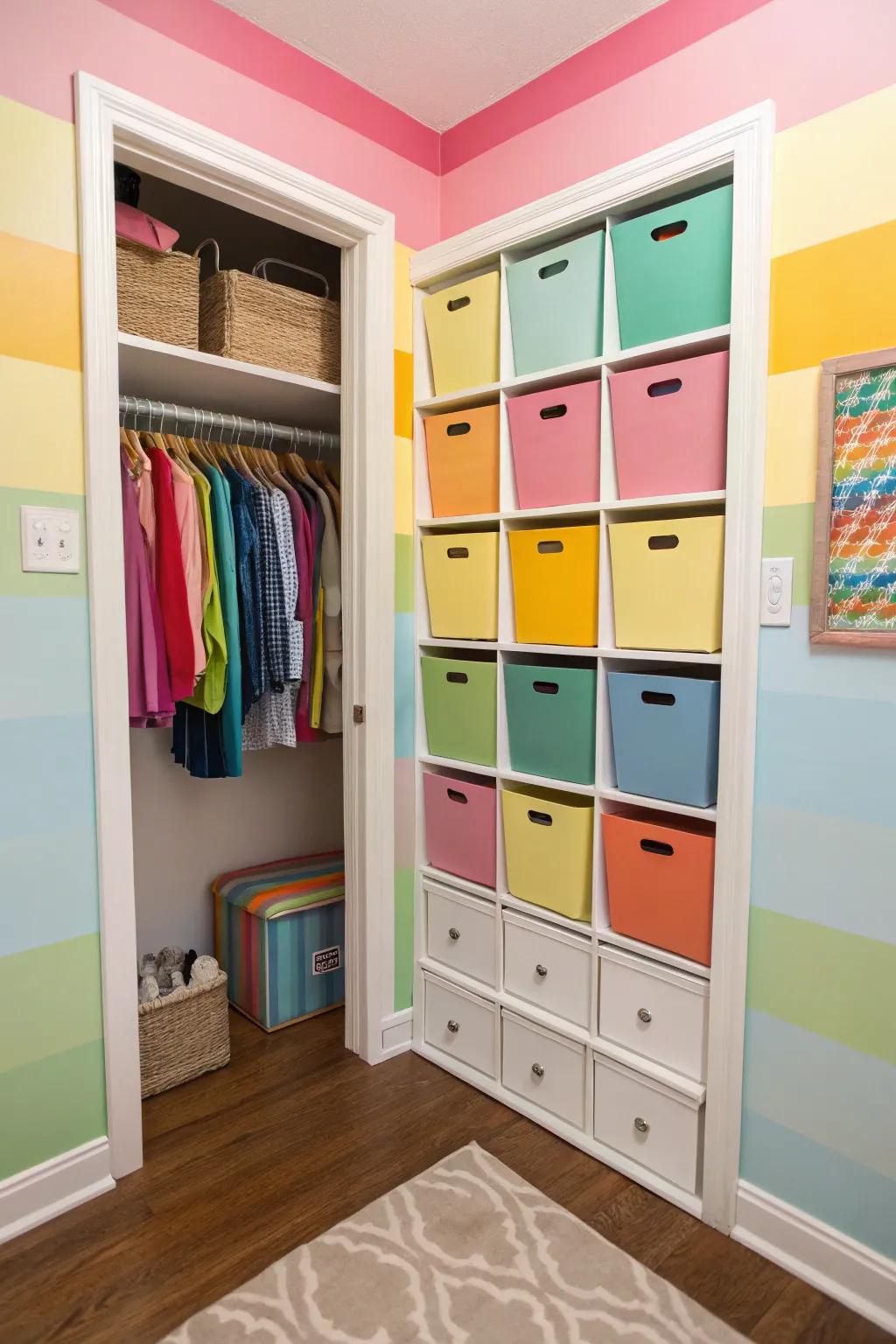 A splash of color adds vibrancy and charm to the closet.