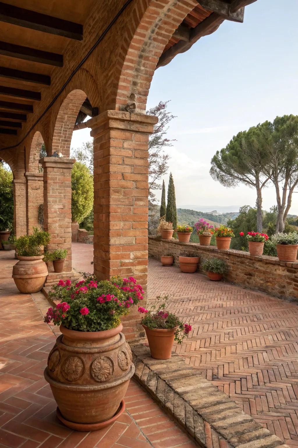 A Mediterranean style brick patio with terracotta pots.