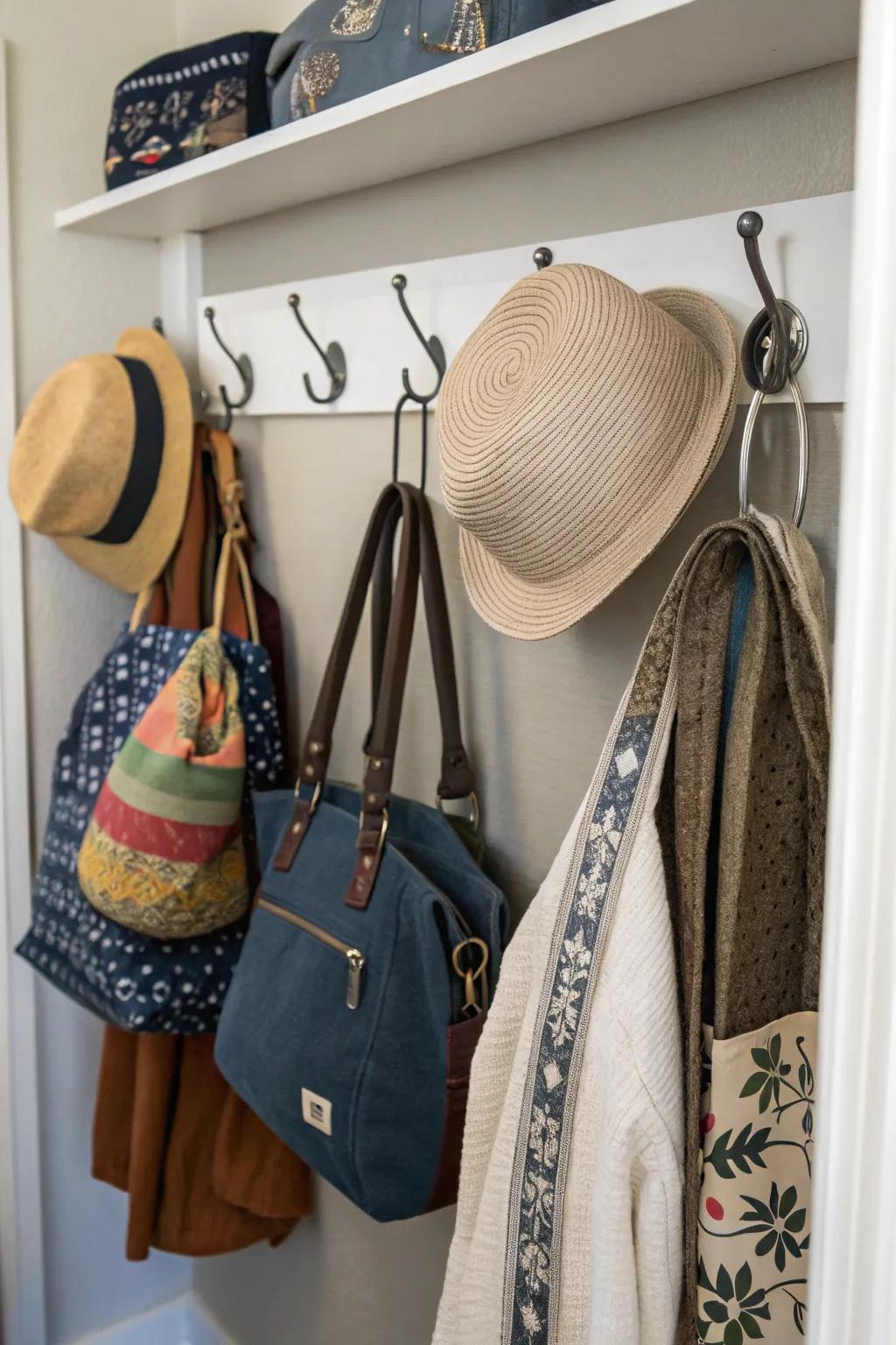 Hooks utilize wall space for bag and hat storage.