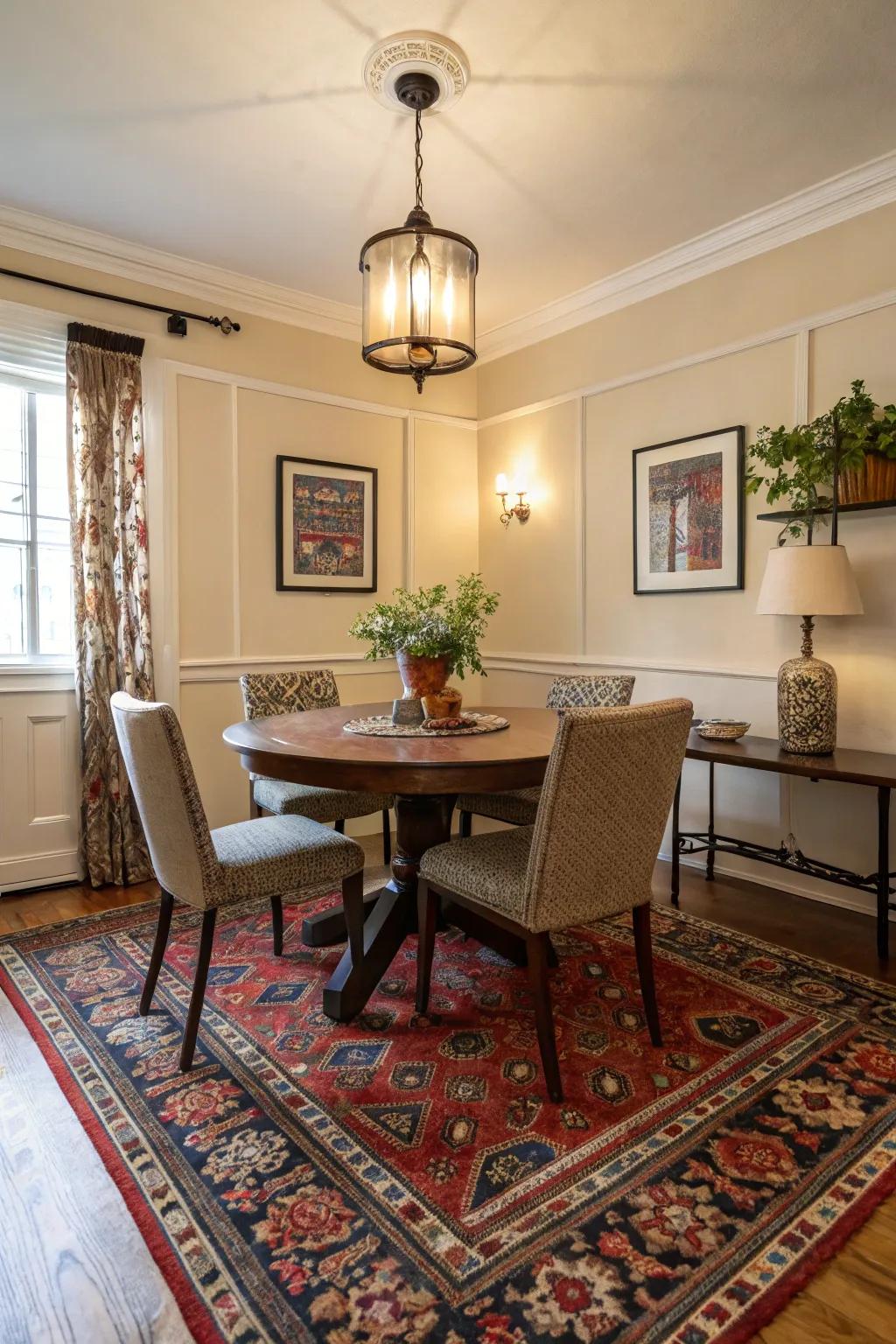 A bold rug can define and brighten your dining space.