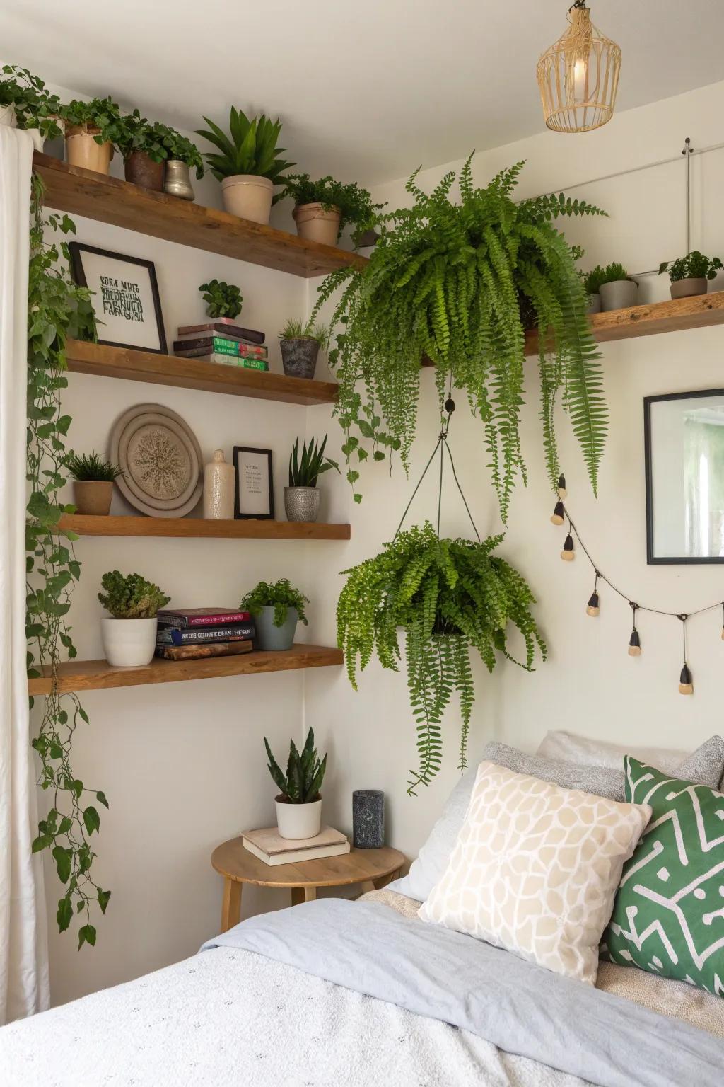 Floating shelves provide a stylish way to showcase plants.