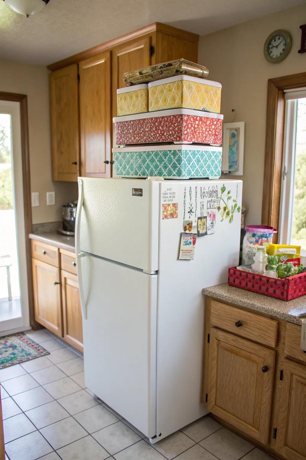 Use the space above your fridge for extra storage.