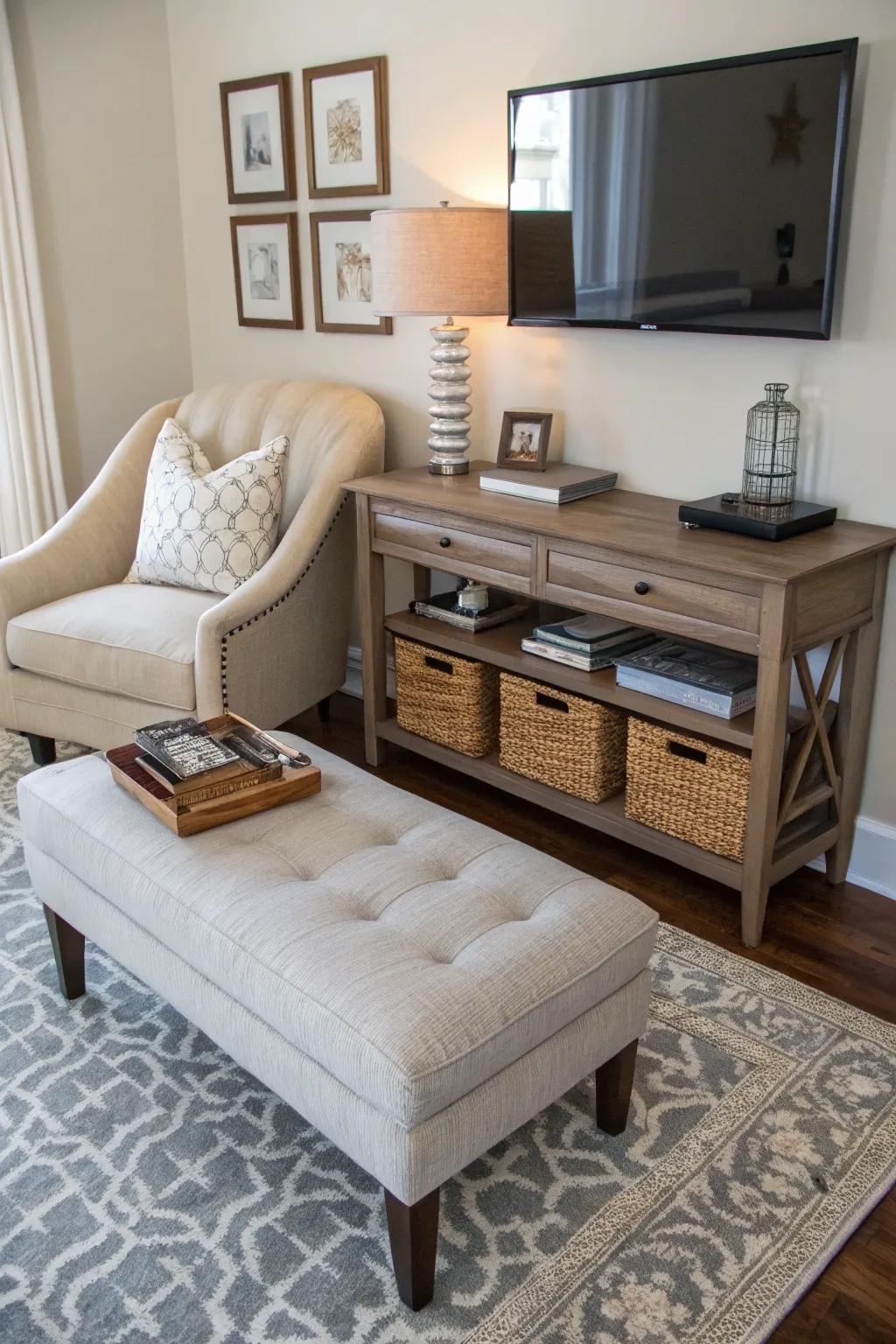 A functional living room arrangement with a chaise lounge beside a console table.