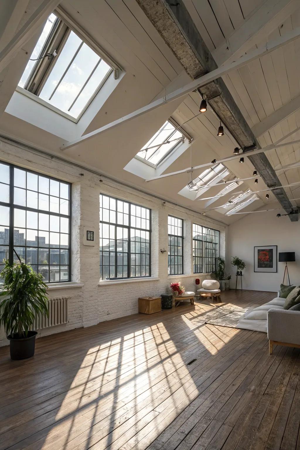 Skylights enhancing the natural light and ambiance of a loft.