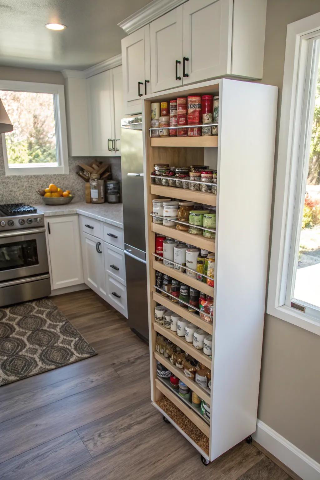 A slim slide-out pantry maximizes storage in tight spaces.