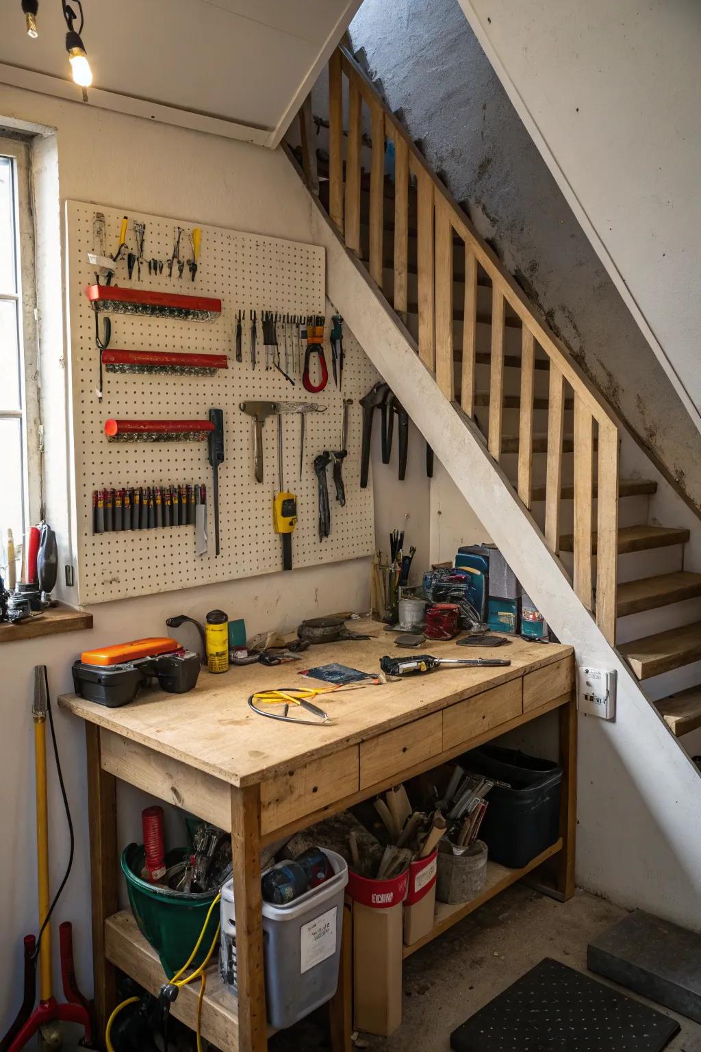 A tiny tinker workshop for budding builders under the stairs.