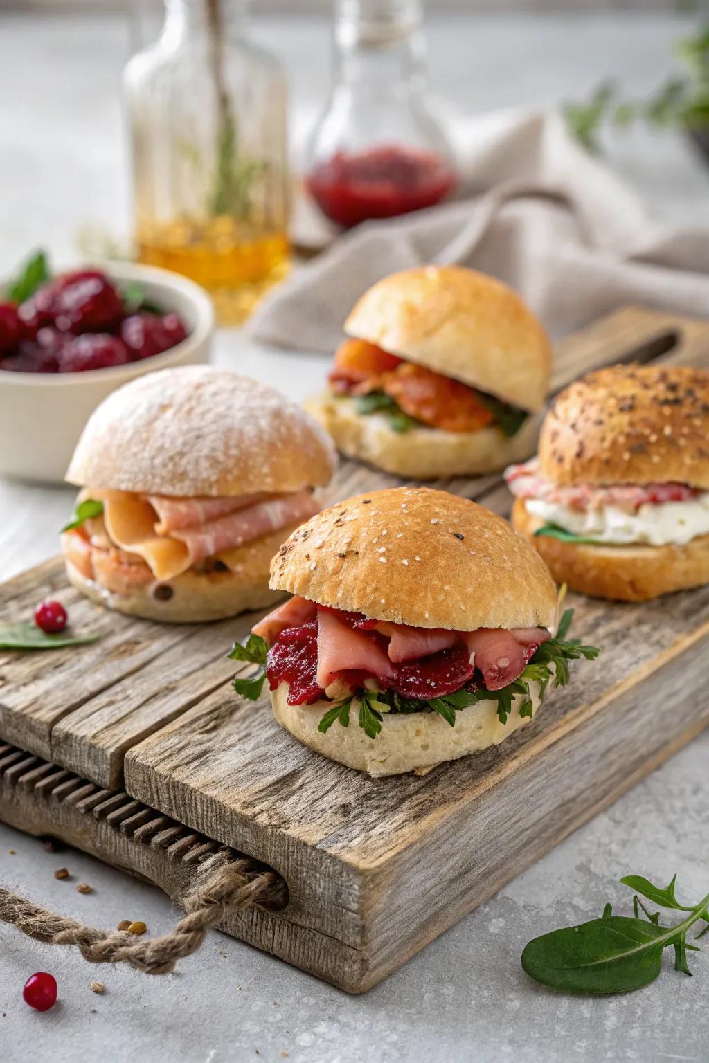 Mini sandwiches offer variety and are always a crowd-pleaser.