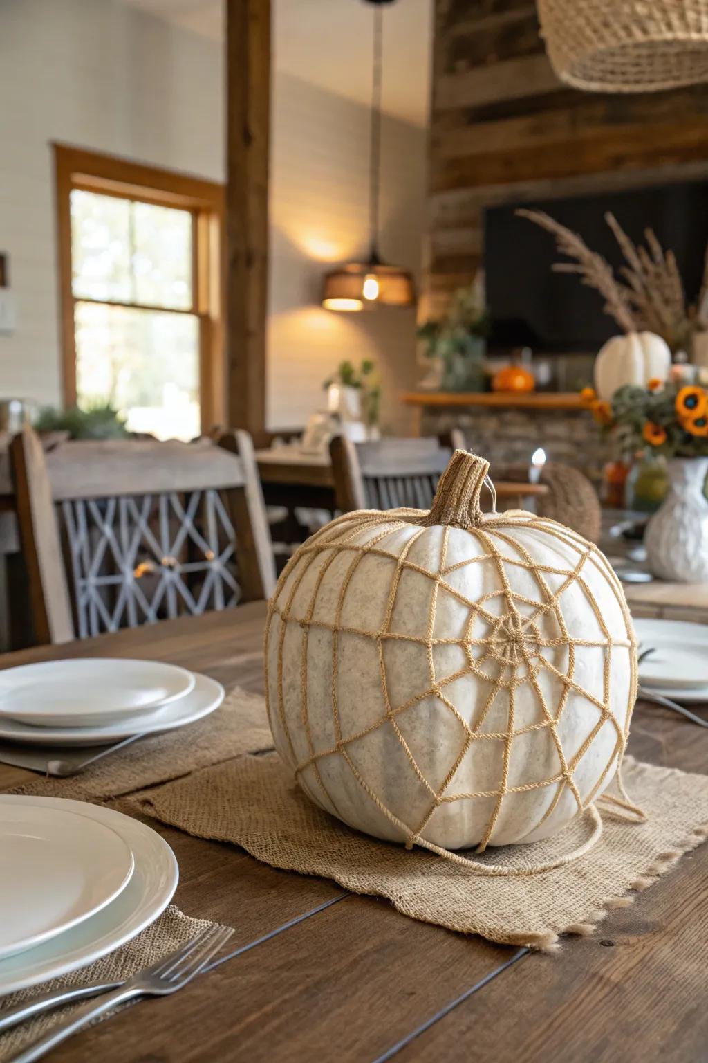 A pumpkin with a rustic twine spider web.