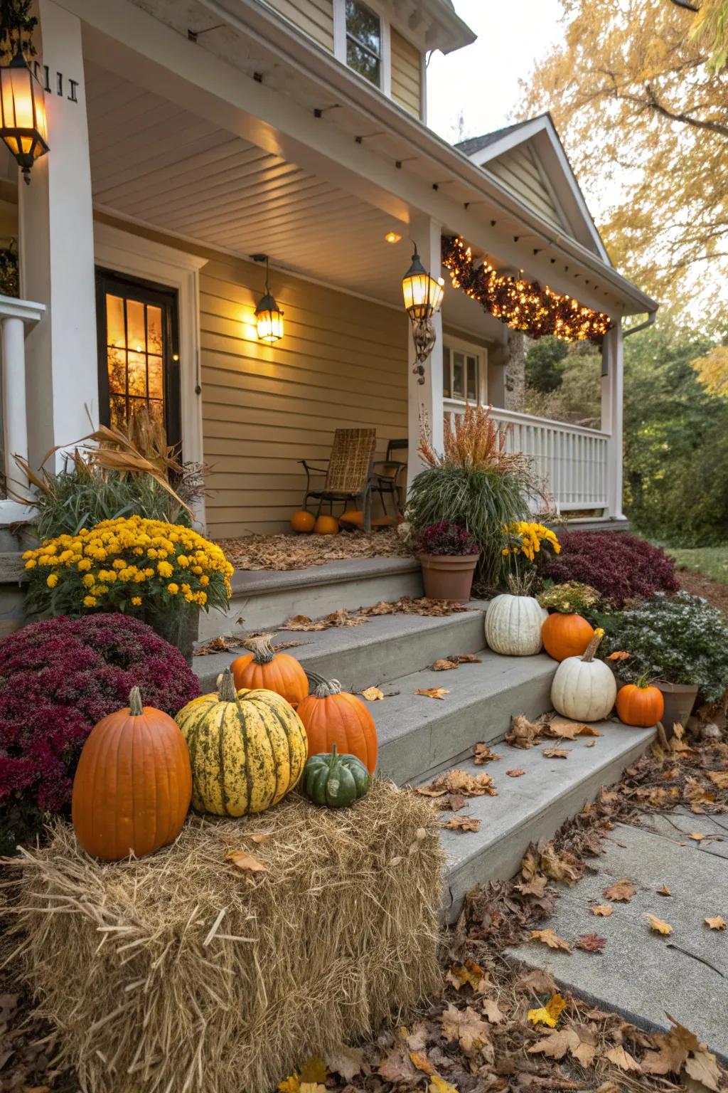 Seasonal decor adds personality and warmth to this split-level porch.