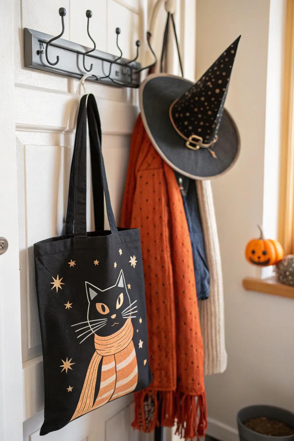 A black cat tote bag is both functional and festive for Halloween.