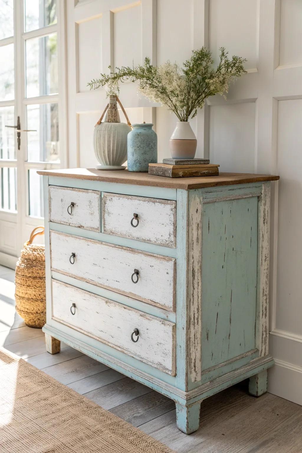 Transform your dresser with a touch of distressed elegance for that perfect blend of rustic charm and minimalist beauty.