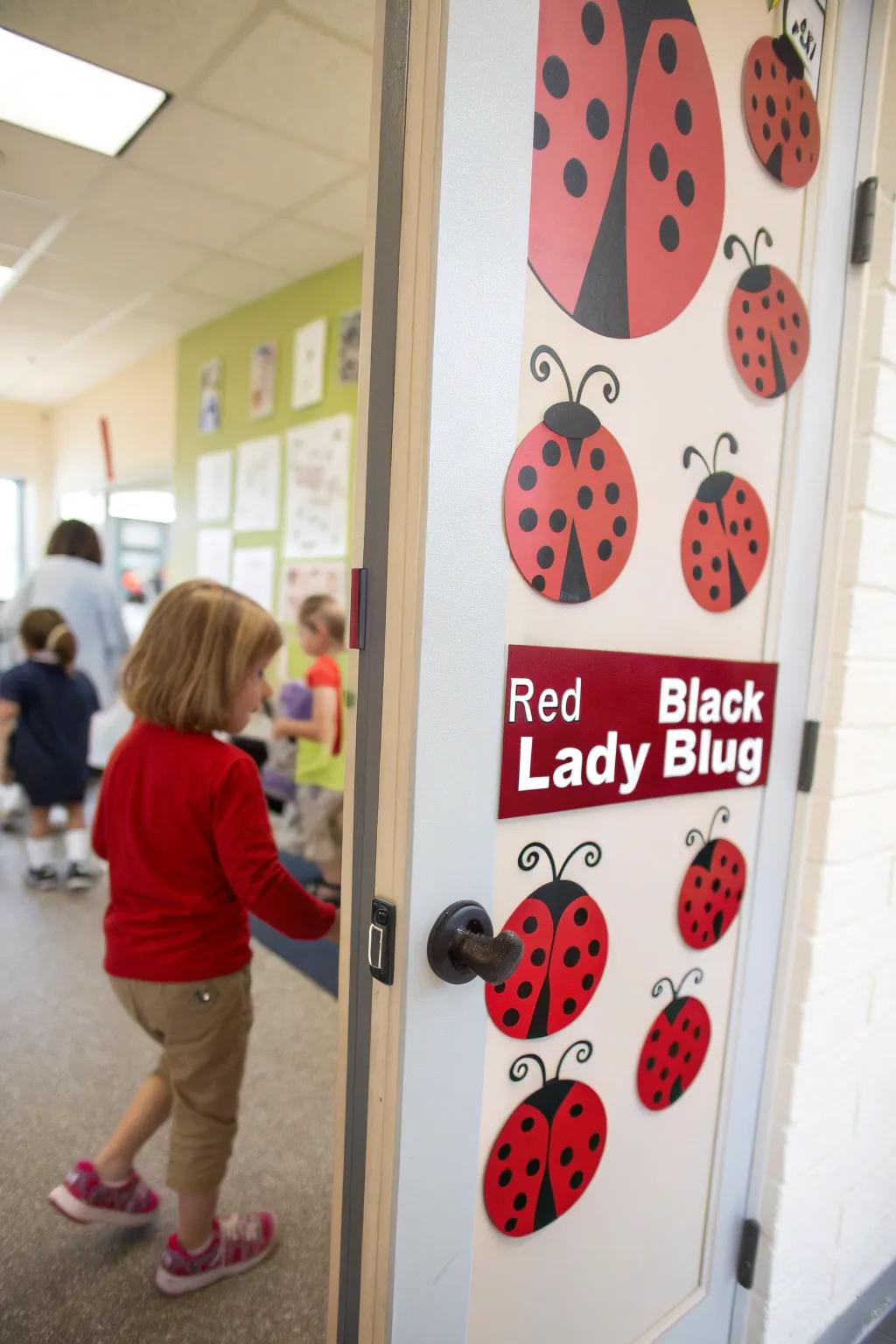 A ladybug parade makes for a charming door decoration.