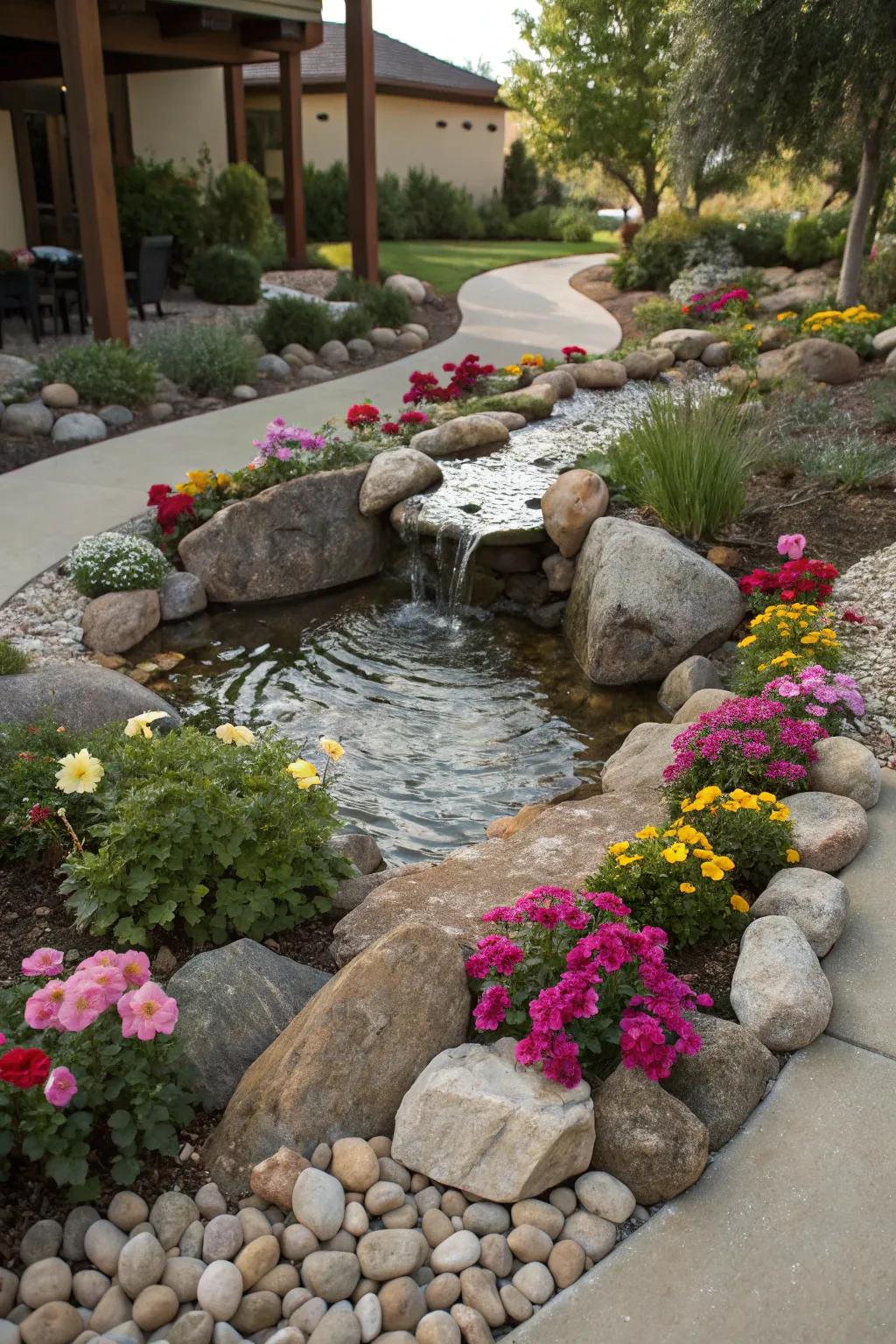 A tranquil Zen retreat with a water feature and rock garden.