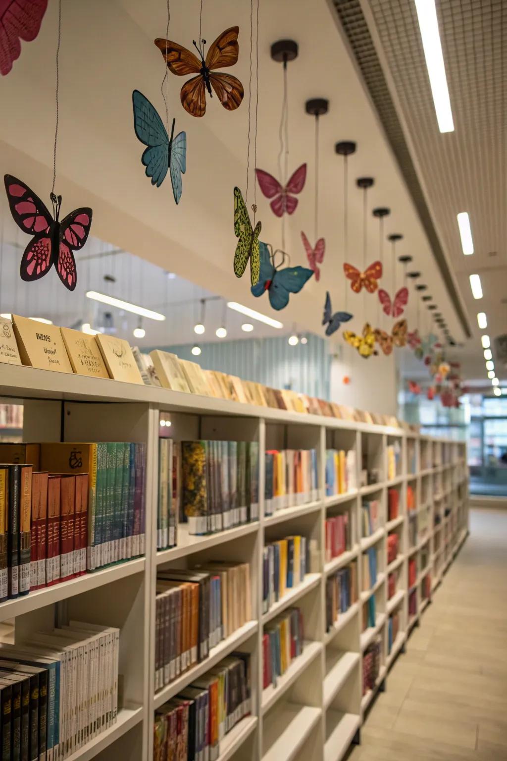 Books about transformation adorned with butterfly decorations.