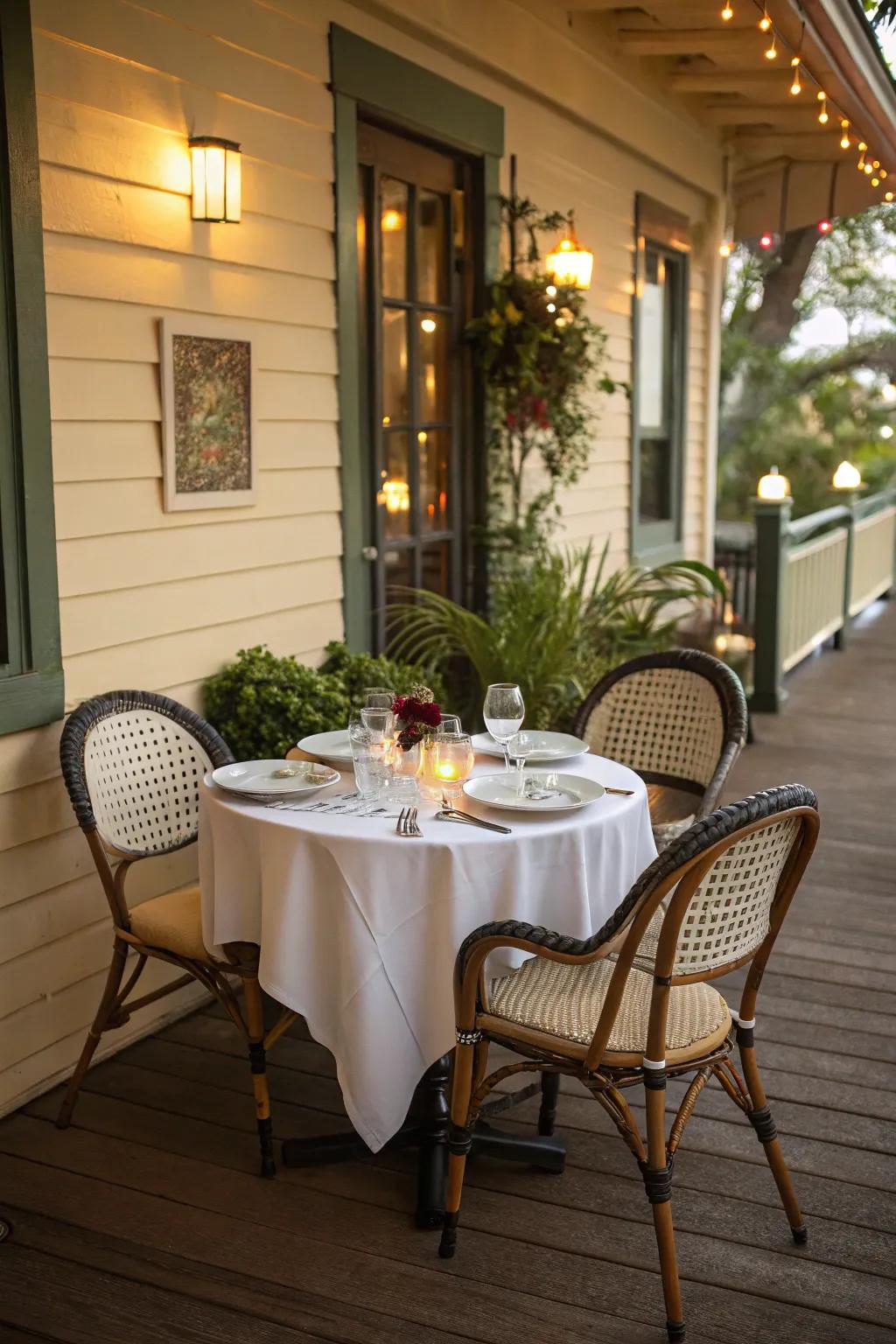 A quaint dining area on the porch for spring meals.