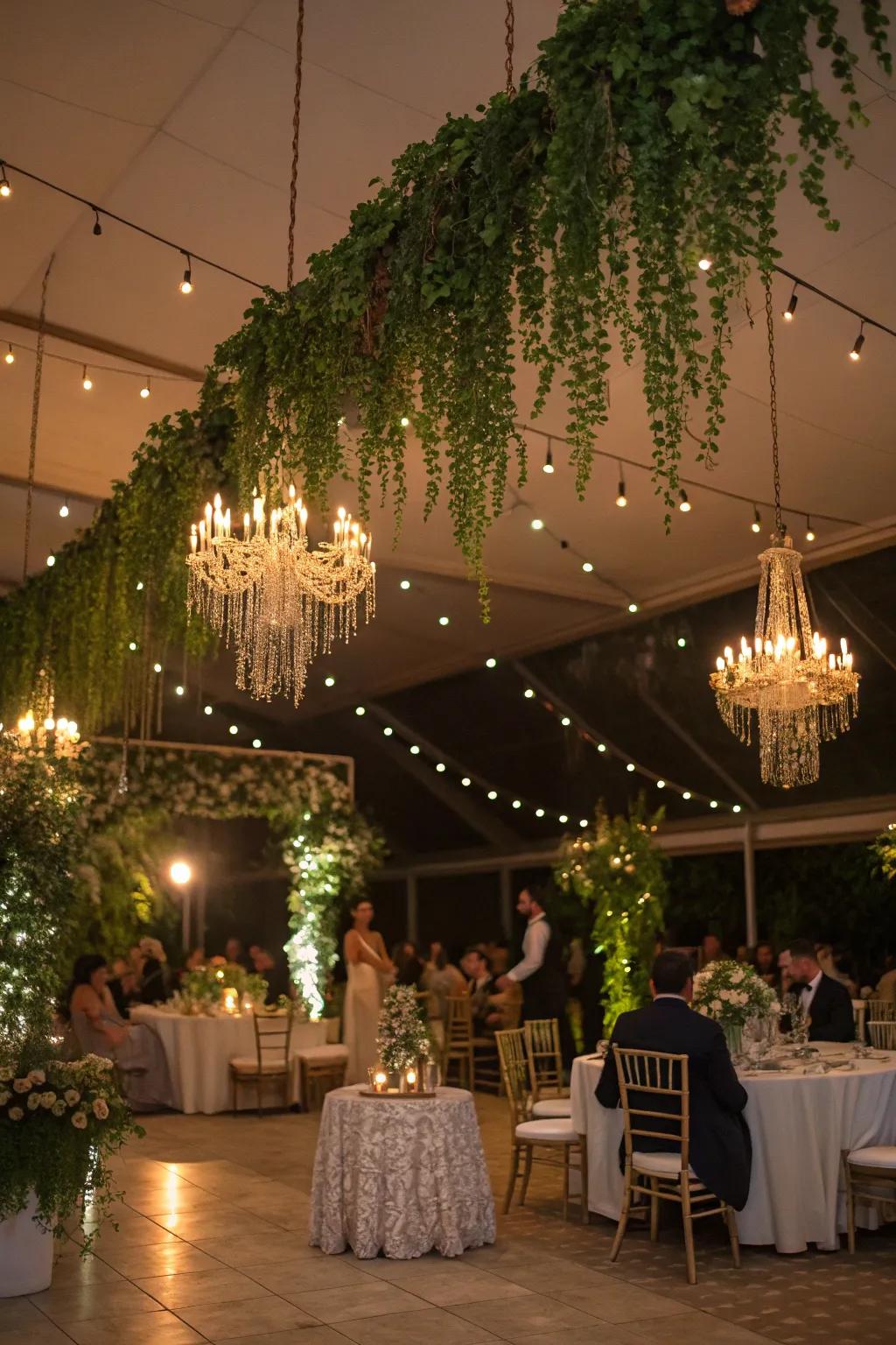 Greenery chandeliers add elegance and whimsy to a wedding.