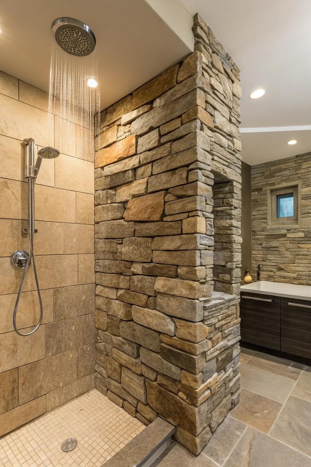 Seamless integration of stacked stone in the shower.