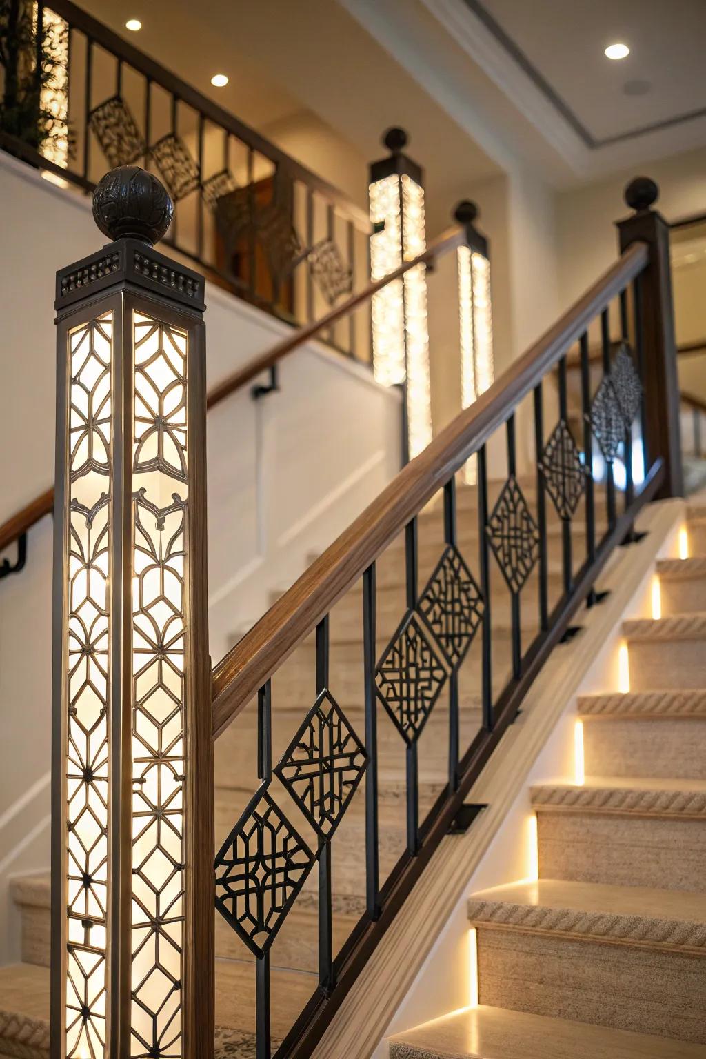 Geometric pattern spindles add visual interest to any staircase.