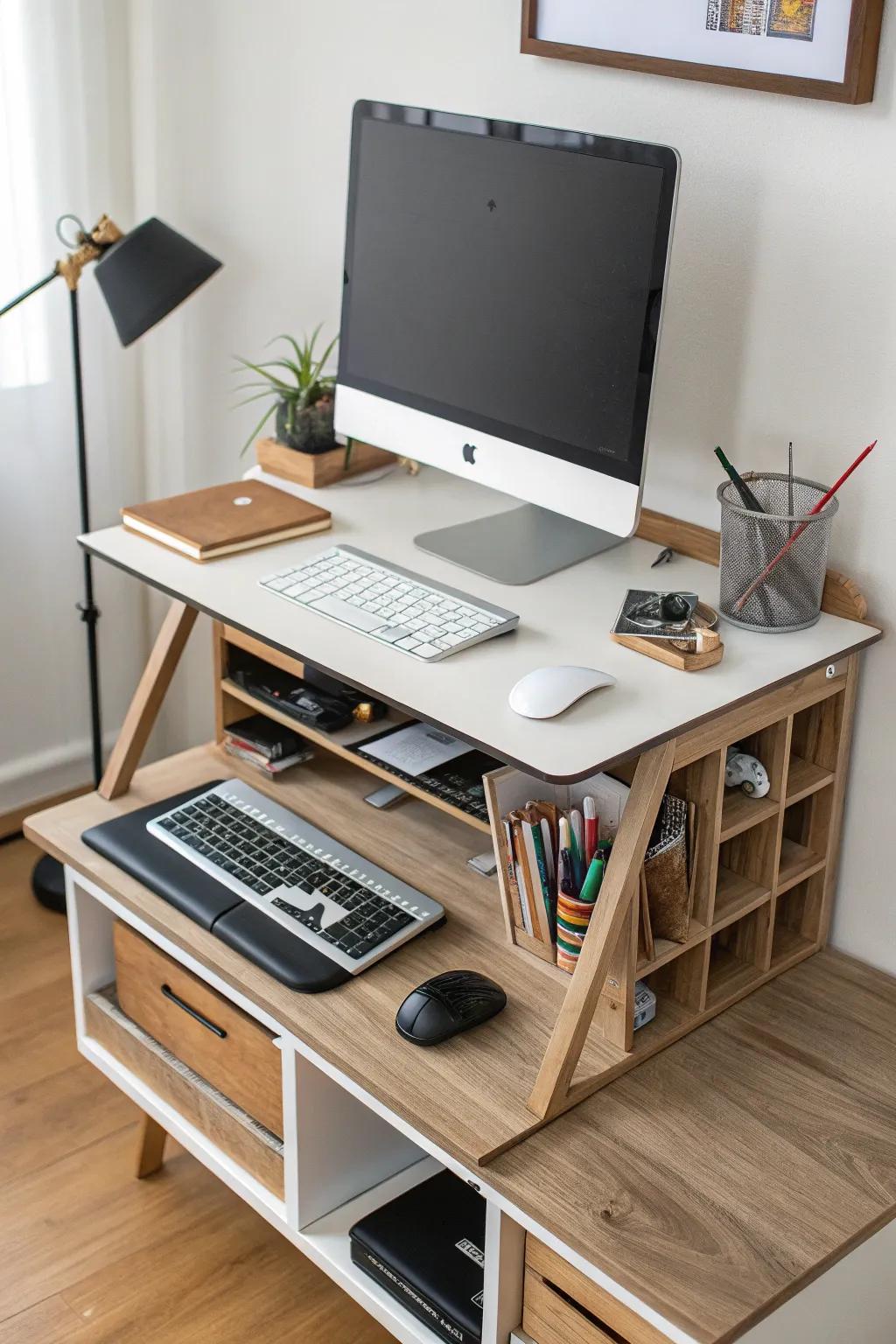 A monitor stand with storage maximizes your desk space.